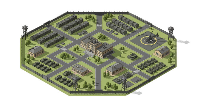 Aerial view of a military base with various buildings, roads, and military tanks, surrounded by a green perimeter fence on a white background.
