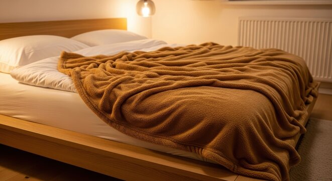 Camel colored plush chenille oversized throw blanket casually draped over a cozy bed