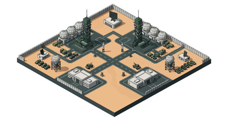 Isometric illustration of a military base with various buildings, tanks, and aircraft on a flat, beige terrain with a simple design. © DIAHIMAGESNEW