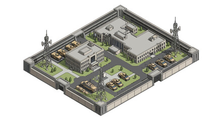 Obraz premium Isometric illustration of a military base with buildings, tanks, and aircraft, surrounded by a wall and towers on a plain background.