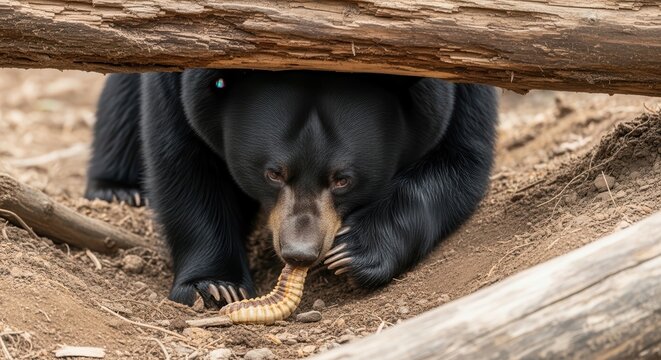 Black bear forages for grubs under a decaying log in its natural woodland habitat