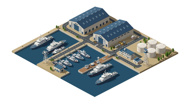 Isometric illustration of a military base with a large building, military aircraft, and tanks near a harbor with several boats and ships docked, showcasing various transportation and
