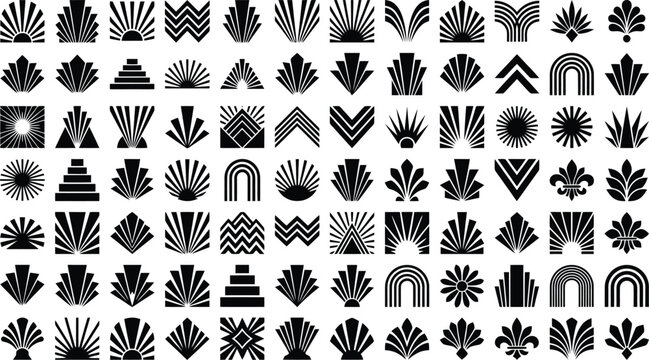 Large grid of black art deco and fan-shaped decorative elements Keywords: art deco, fan shape, sunburst, geometric, flourish, ornament, divider, decorative, elegant, design element, graphic