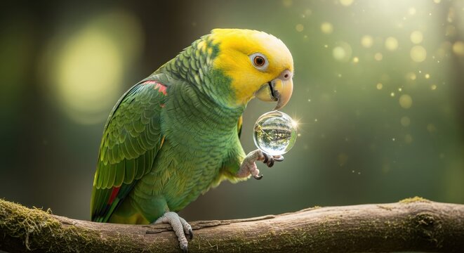 Double Yellow-headed Amazon Parrot Holding a Shiny Orb in a Lush Forest Setting