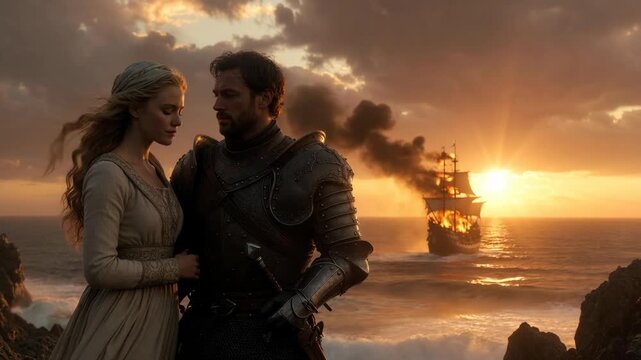 A medieval couple on a rocky coast in cinematic style, with a burning ship at sunset on the sea, evoking drama and fate