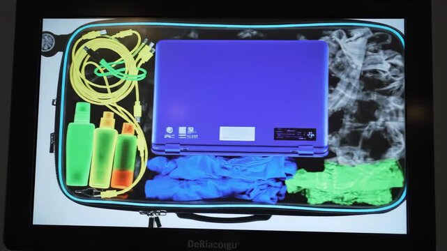 X-ray suitcase packed with toiletries, coiled cable, folded clothing and sandals, traveler organizing carryon items while preparing for vacation and passing inspection at airport checkpoint