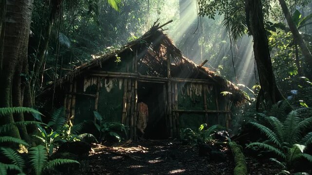 A man stands before a bamboo hut in lush jungle, shown in realistic style on a sunlit forest backdrop, suggesting survival