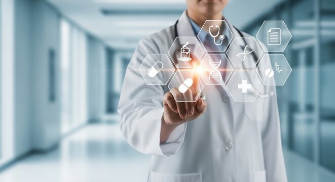 Doctor touching digital medical interface with healthcare aspect ratio 16 9