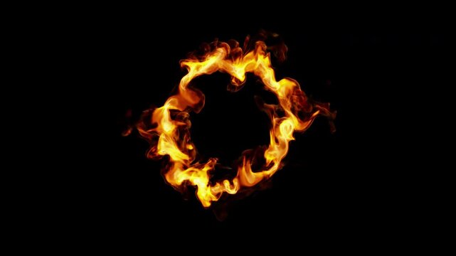 Abstract glowing ring of fire with tongues of flame on a transparent background.