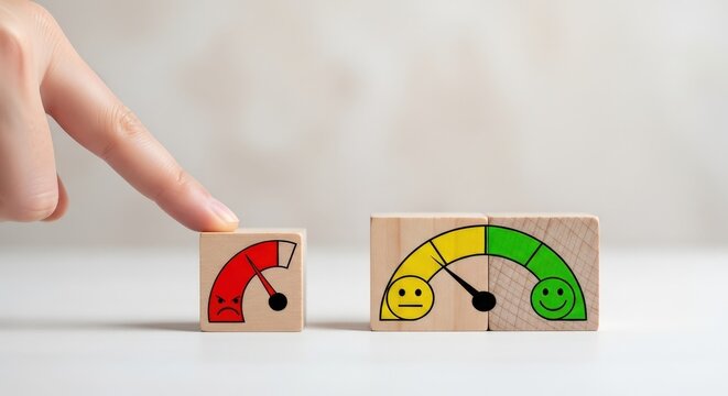 Finger pushing wooden block with red gauge showing low satisfaction aspect ratio 16-9