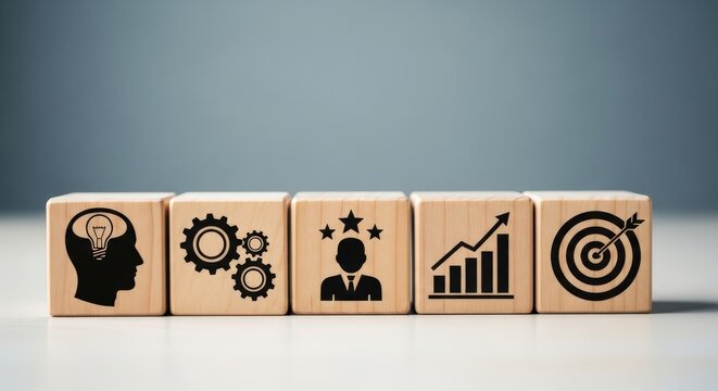 Five wooden blocks with business for strategy and growth aspect ratio 16 9