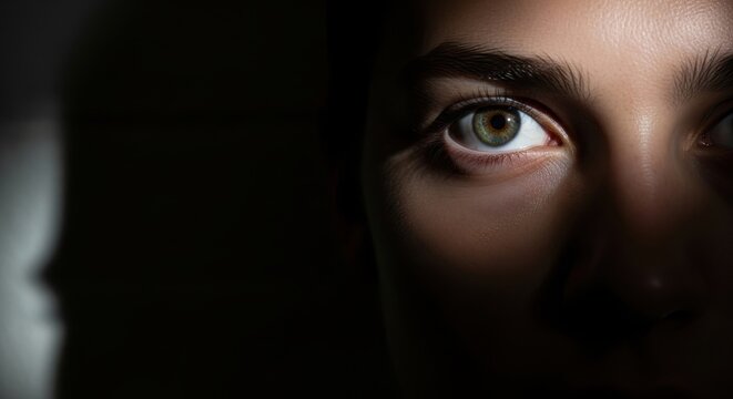 Intense human eye with a dilated pupil peers from deep shadow
