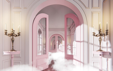 Fototapeta premium Surreal Dream Pink Baroque Hall with Clouds Heaven Fantasy Portal, 3D Render