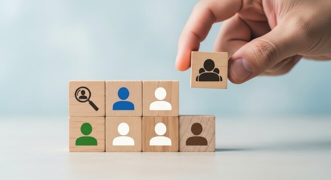 Hand placing wooden block with group on a stack of human resource cubes aspect ratio 16-9