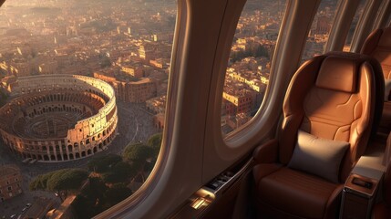 Plakat Airplane view of colosseum in rome city from cabin window