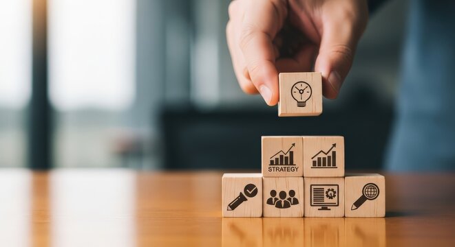 Hand placing wooden block with lightbulb on business strategy stack aspect ratio 16 9