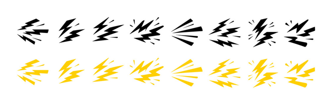Thunderbolt energy burst vector icons. Yellow electric flash, comic boom effects and speed power symbols set