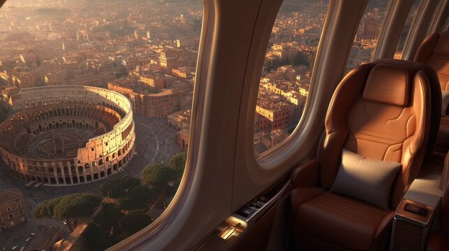 Airplane view of colosseum in rome city from cabin window