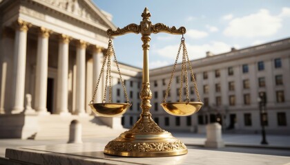 Naklejka premium a golden scale of justice prominently displayed in front of a courthouse. The courthouse features columns and a traditional architectural style.