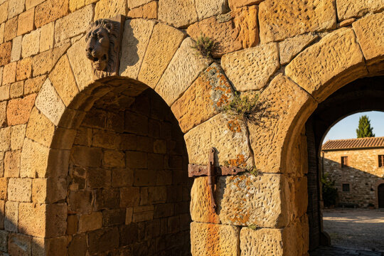 Ancient stone archway with lion head carving and weathered metal hinge architecture