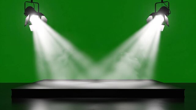 Green screen with stage lights shining down on empty platform 4k Video