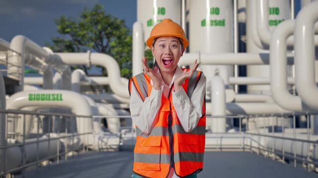 Asian Female Engineer With Safety Helmet Smiling To Camera And Saying Wow While Standing at Biodiesel Production Facility
