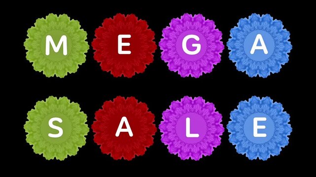 Mega Sale White Letter Reveal Animation with Colorful Flower Circular Ornamental Frames, Bold Massive Discount Typography Appearing One by One on Black Background, 4K Promotional Motion Graphic