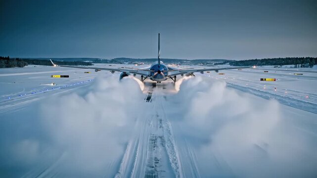 Aircraft landing on snowy runway rear view, jet braking after touchdown, snow plume spreading behind wheels, pilot maintaining control, winter airport environment, transport safety reliability concept