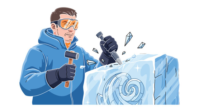Ice Artisan at Work: An artist meticulously sculpts a block of ice with precision, utilizing tools to shape a detailed form, showcasing skill and patience