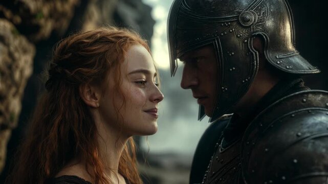 A medieval woman and an armored knight stand face to face in realistic style on a rocky backdrop, evoking tense romance