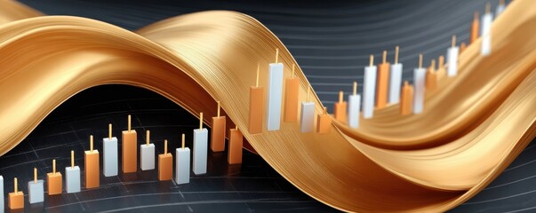 Naklejka premium Stock market graph with gold ribbon lines and candlestick chart on a black background