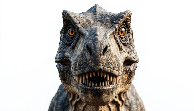 A large dinosaur displays its fierce face, showcasing sharp teeth and piercing eyes. The dinosaur stands prominently, revealing its textured skin and formidable presence.