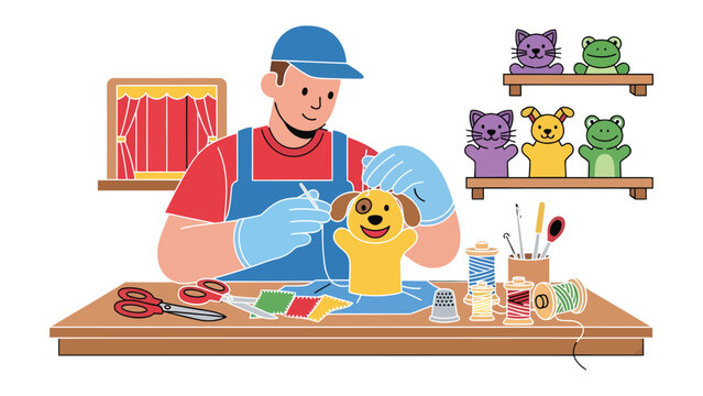 Puppet Maker at Work: A skilled artisan meticulously crafts a charming puppet, surrounded by tools and materials, with finished puppets adorning the shelves. 