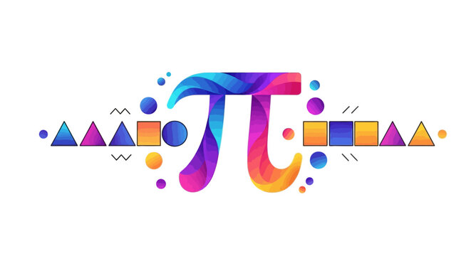Colorful illustration of the mathematical symbol pi surrounded by geometric shapes and mathematical formulas on a white background, celebrating Pi Day with a vibrant and artistic design.