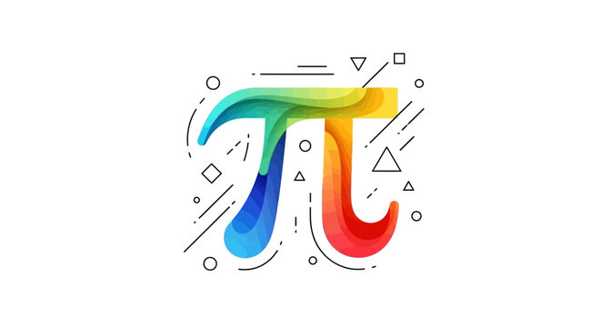 Colorful illustration of the mathematical symbol pi, surrounded by geometric shapes and lines on a white background, celebrating Pi Day with a vibrant design.