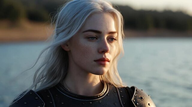 A silver‑haired warrior woman stands by calm water in realistic style on a soft sunset background, expressing strength and serenity
