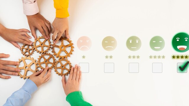 Hands come together to manipulate gears, symbolizing teamwork and feedback. The image captures the essence of collaboration and collective progress in a modern work environment. Raster