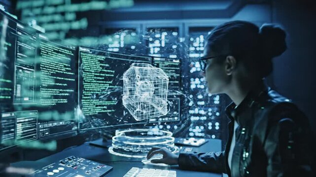 Woman programmer working in data center, holographic interface display