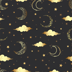 Naklejka premium Magical seamless vector pattern with golden crescents, clouds, and stars on a dark background. A soulful celestial design representing night sky harmony and peace for professional interior decoration.