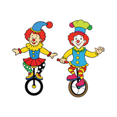 Two cheerful circus clowns riding unicycles in colorful costumes and hats, isolated on white background. © TAMIM