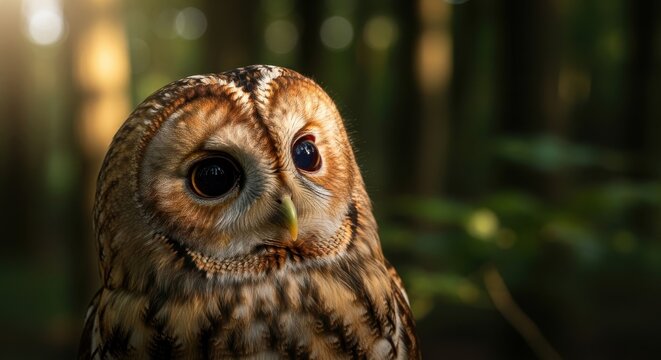Tawny owl with head tilted quizzically in a dappled forest, showcasing its intricate plumage and intense gaze.