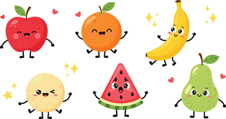 Naklejka premium Cute Cartoon Fruit Characters Set with Apple Orange Banana Pear Watermelon Funny Kawaii Food Mascots Vector Illustration Collection