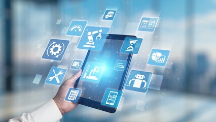 Obraz premium Predictive maintenance icons for industry, automation, smart factory and manufacturing showing data analysis, monitoring, robotics and system optimization with advanced maintenance solutions. Gist
