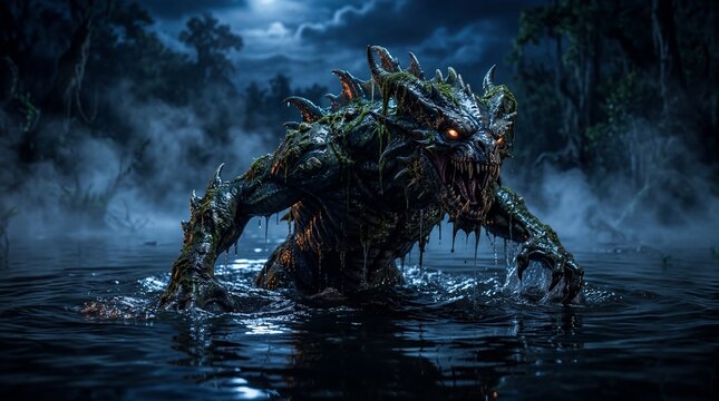 Swamp Monster Emerging from Dark Water, Horror Creature in Foggy Night Forest, Cinematic Fantasy Beast