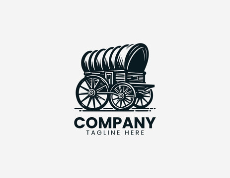 A classic covered wagon is illustrated in a clean modern black vector line art style showing historical transport on a white background