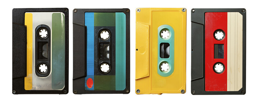 Collection set of four colorful audio cassette tapes. Analog vintage music isolated on white or tra,sparent background, png cut out
