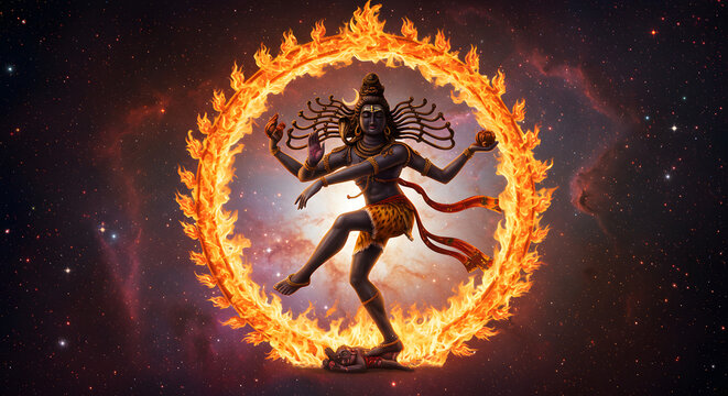 Lord Shiva as Nataraja, the cosmic dancer, in a vibrant dance of creation and destruction surrounded by a fiery halo