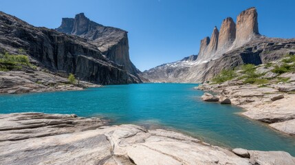 Obraz premium Serene Blue Lake Surrounded by Majestic Mountains Under Clear Sky in Remote Wilderness Landscape