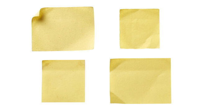 A collection of four vintage yellow sticky notes with crumpled edges, isolated on a transparent background.