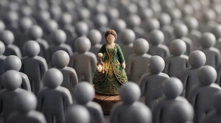 Obraz premium Vintage doll in green dress with lantern stands out in grey crowd, guidance theme